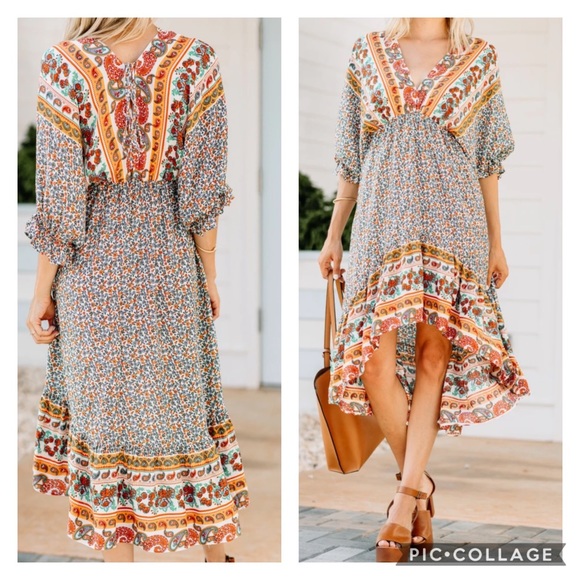 💼S Last One 🏜Sunset Boho Tile Flower Dress New - Picture 2 of 12